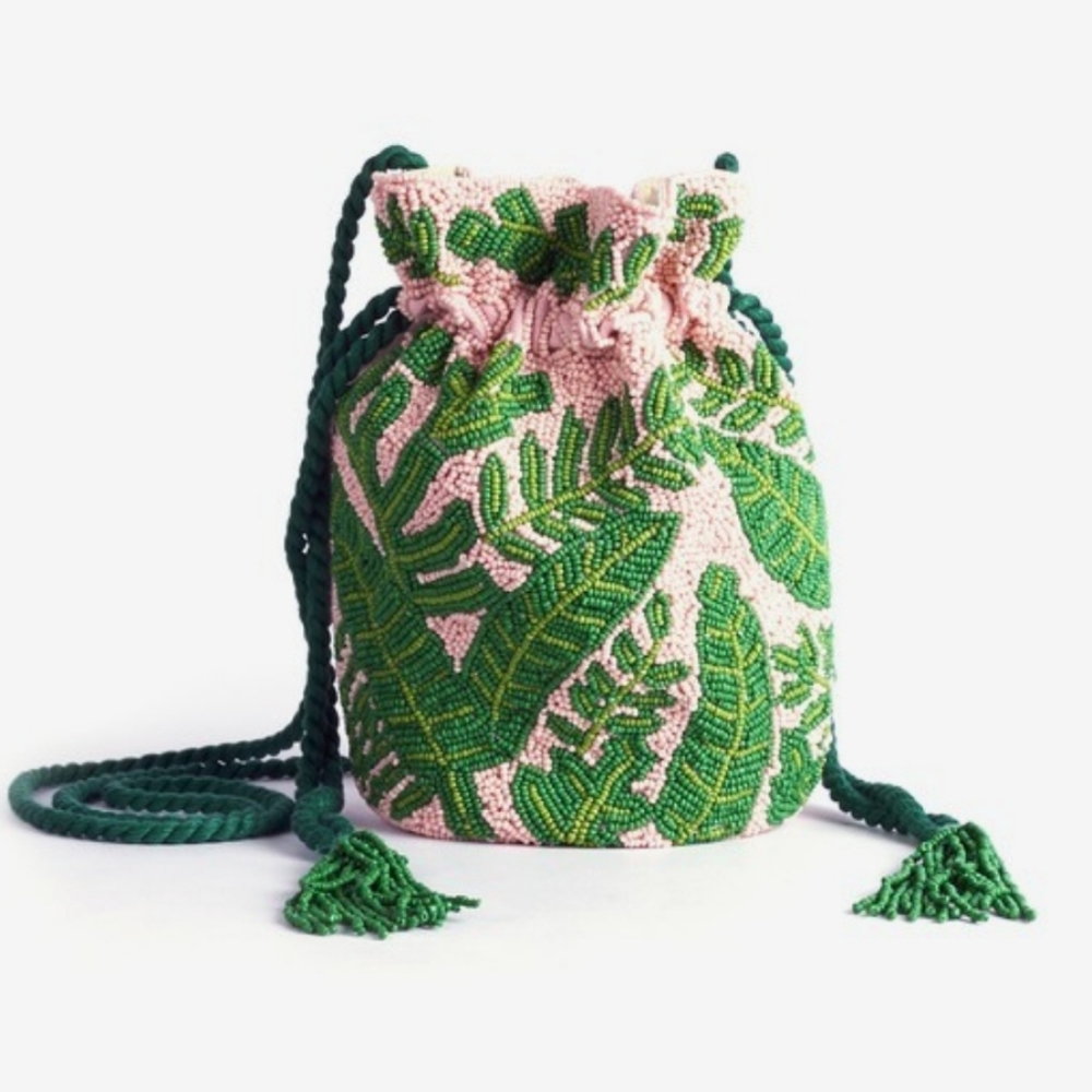 Circus Sam Edelman beaded resort palm leaf drawstring canvas purse O/S